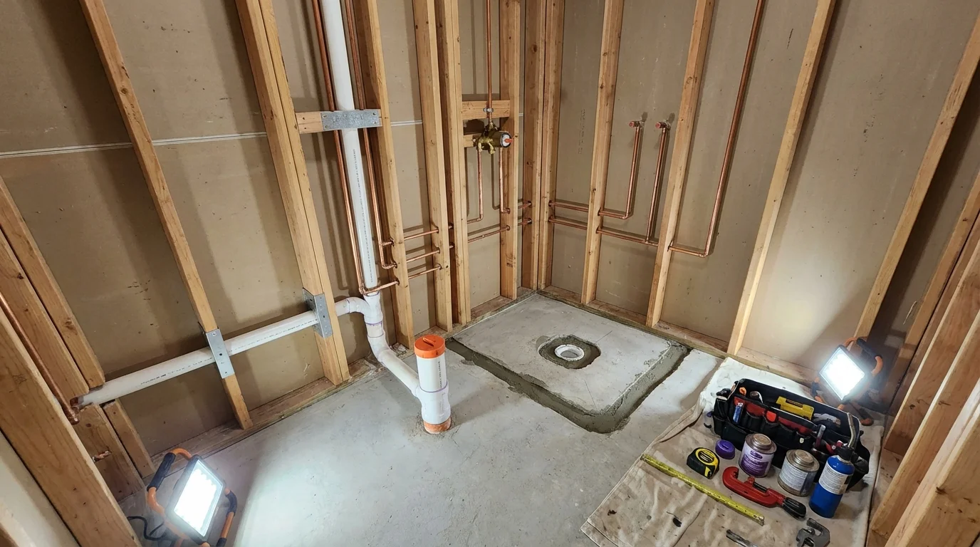 Bathroom rough-in plumbing during remodel by Johns Plumbing LLC in Pennsburg