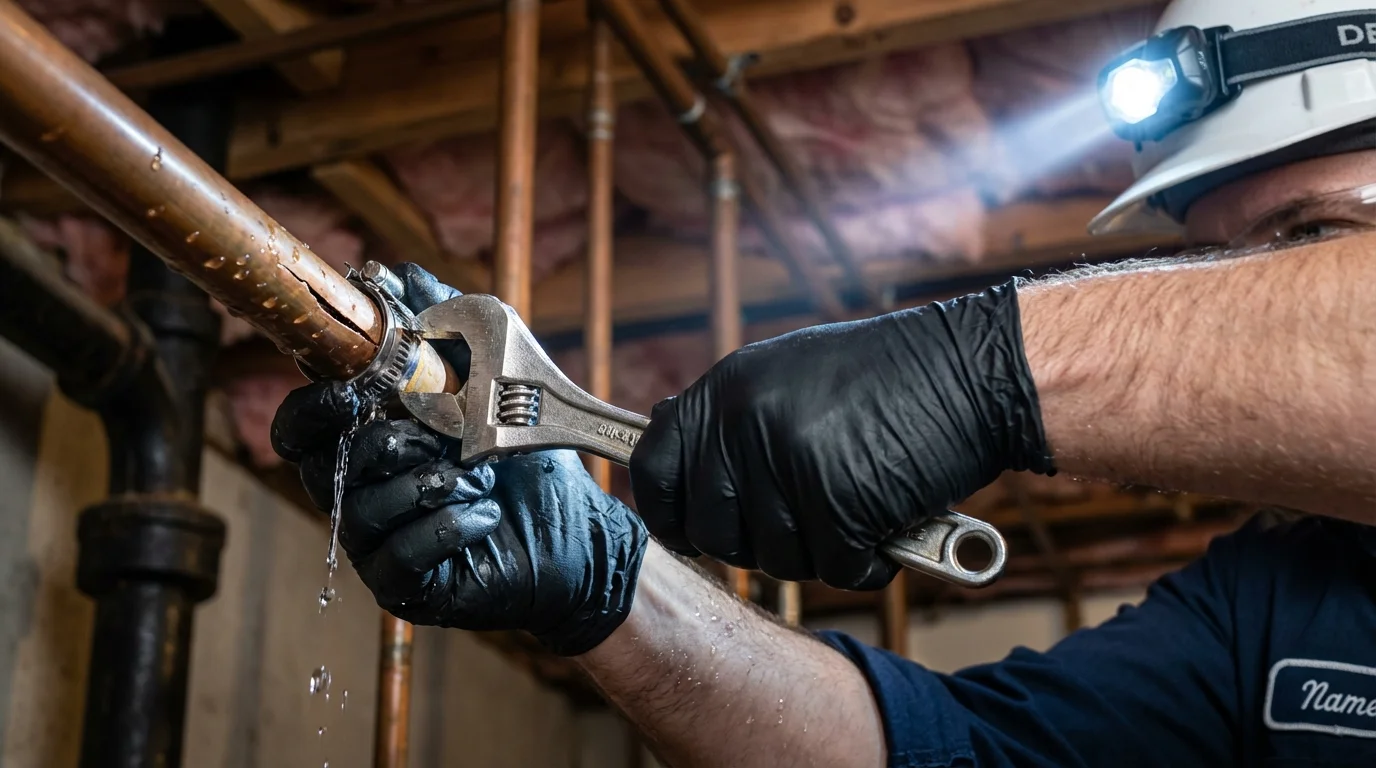 Emergency pipe clamp repair being performed by a Johns Plumbing LLC plumber in Pennsburg