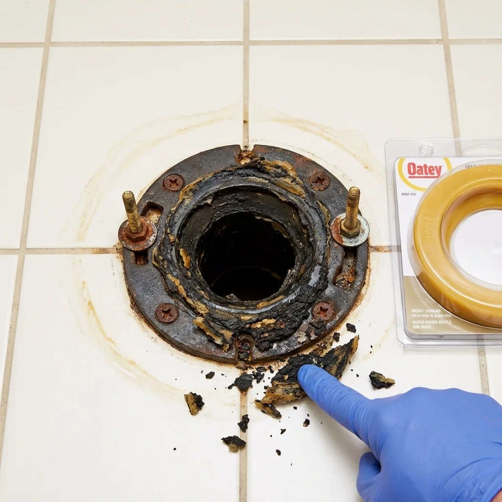 Failed wax ring showing water seepage at the base of a toilet in a Pennsburg, PA home