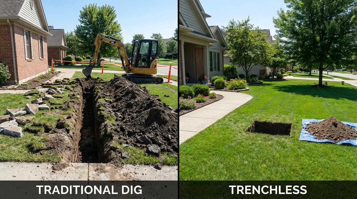Trenchless sewer repair with minimal yard damage versus traditional excavation in Pennsburg, PA
