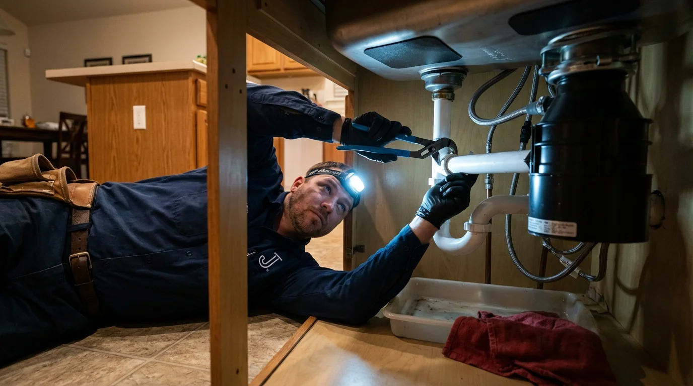 P-trap and supply line connections under a kitchen sink showing a common leak point in Pennsburg, PA